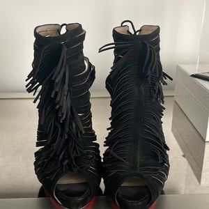 Christian Louboutin Deva Fringe 120 Bootie Heels Black Suede